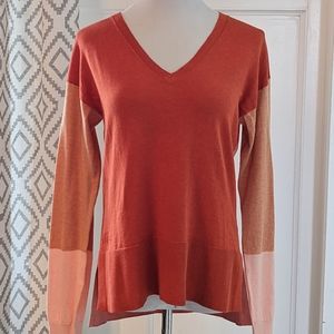 Lacoste Womens Sweater Size S/38 Salmon Orange Deep V-Neck Colorblock Cotton